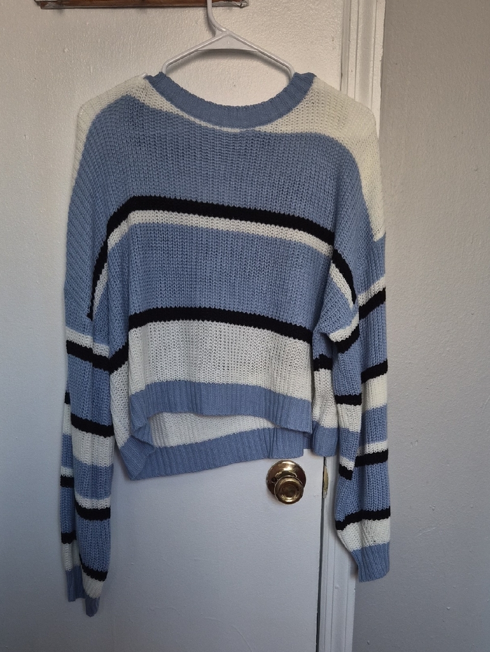 Striped Cropped Knit Sweater - Light Blue & White SHEIN
